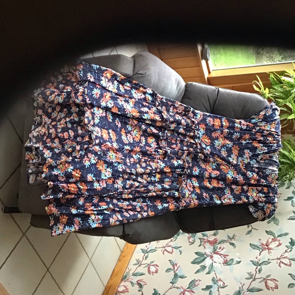 Sundance Navy Floral Tiered Maxi Skirt with Orange & Light Blue Blooms
